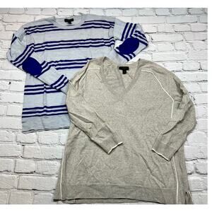 J Crew Merino Wool Sweater Blue Gray Striped XS Elbow Patches A380